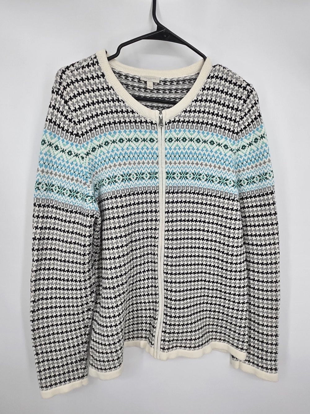 Talbots Cream, Black & Aqua Patterned Zip Up Cardigan Large (7344)
